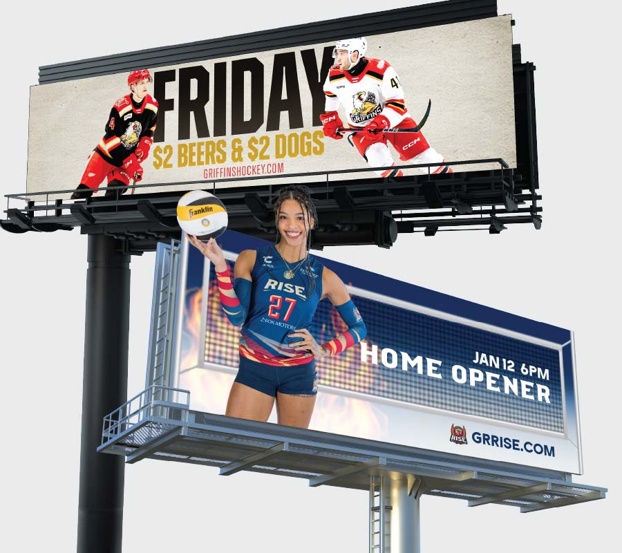 out-of-home billboards for The Griffins and The Rise sports teams