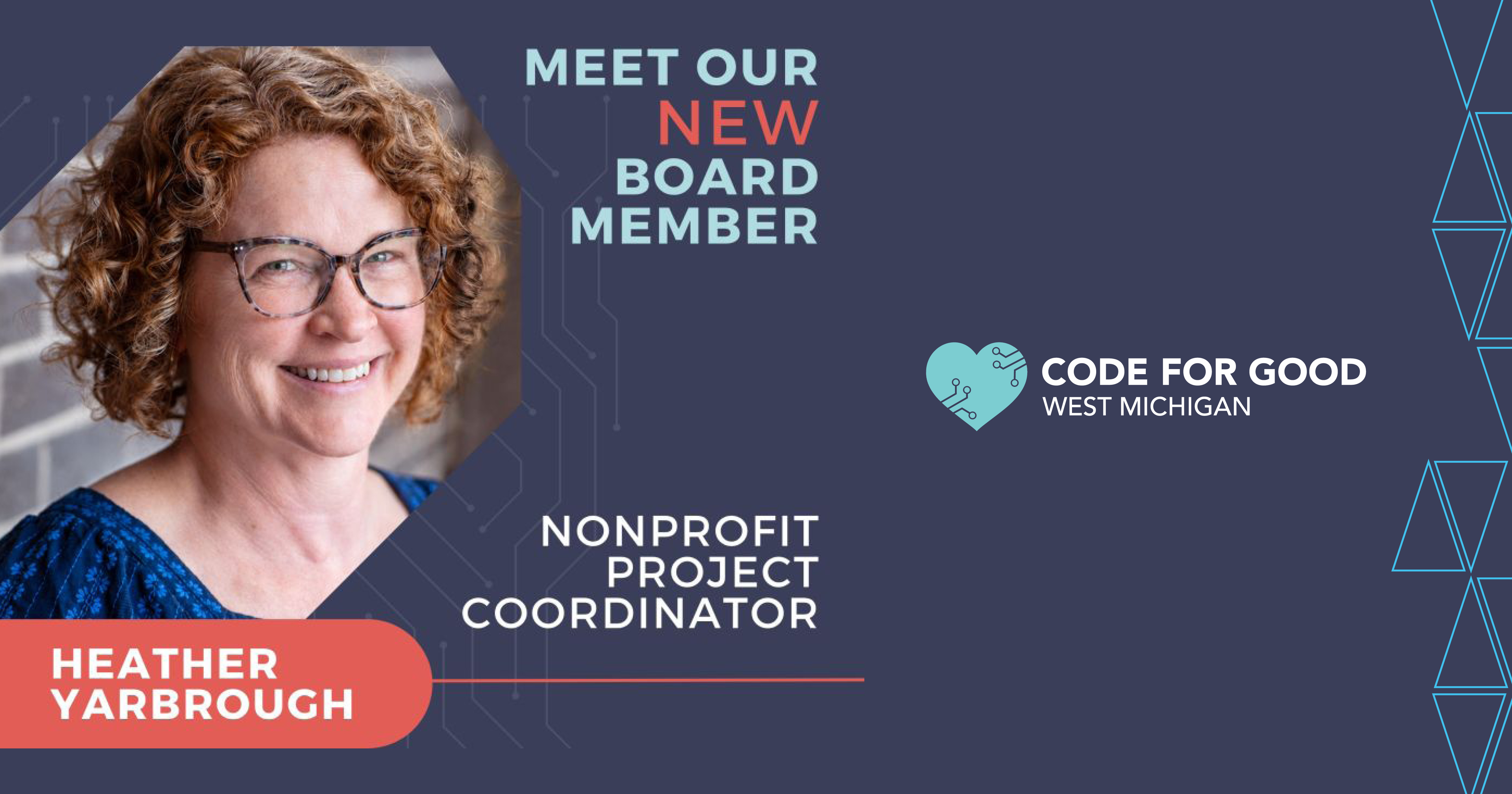 Heather Yarbrough, Nonprofit Project Coordinator for Code for Good West Michigan, pictured alongside the organization’s logo.